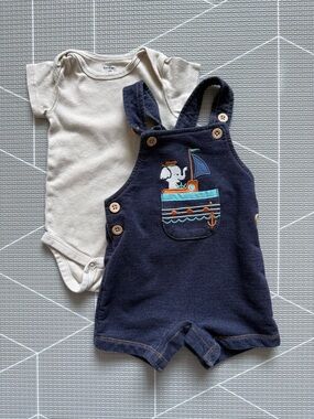 Pekkle|Baby boy Denim Navy Sailboat & elephant  design overall romper & onesie•